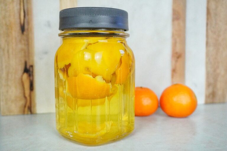 jar of orange peel citrus infused vinegar next to two mandarin oranges on countertop