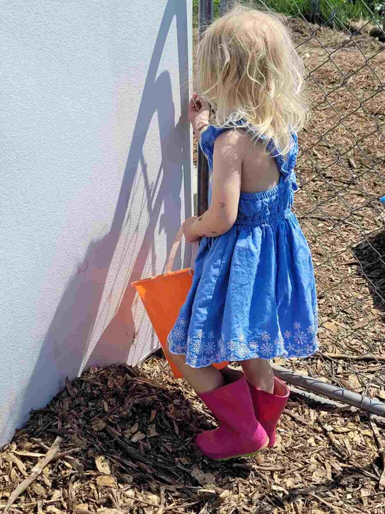 a little girl in a blue dress and bright pink rain boots going into a chicken coop with an orange bucket to collect eggs.