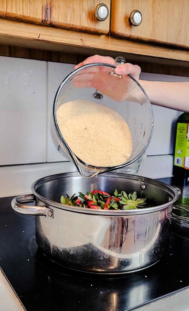 woman pouring sugar into pot with strawberry tops and water