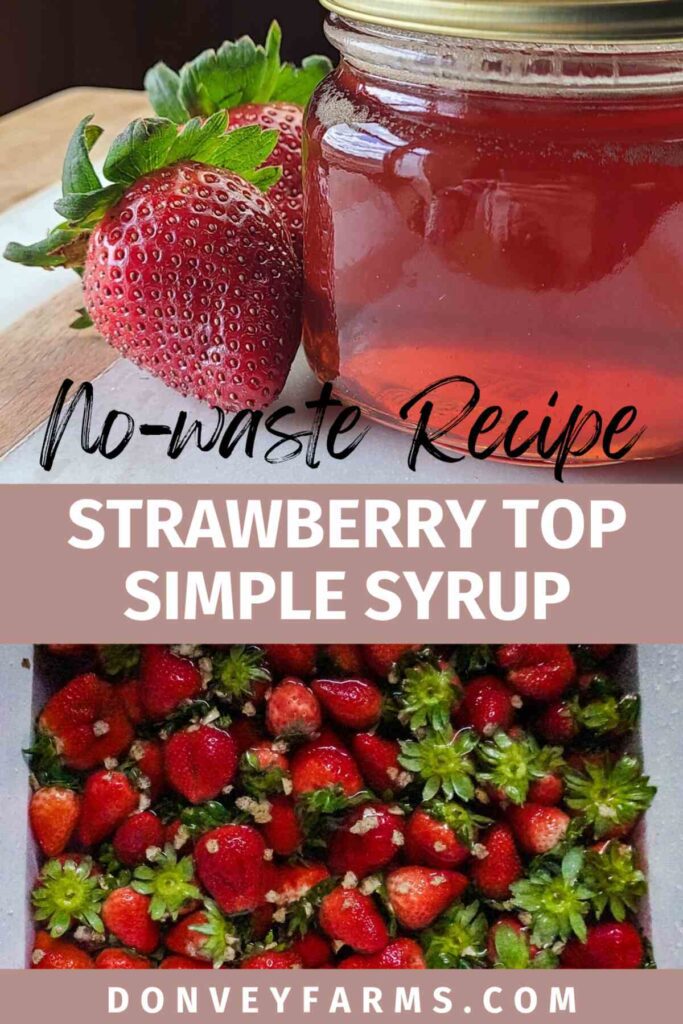 pinterest pin photo jar of strawberry top simple syrup on marble counter with 2 fresh strawberries next to the 1/2 pint jar. 