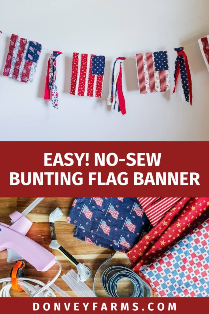 pinterest photo for bunting flag banner tutorial with the banner on the upper half and materials needed on the lower half. 