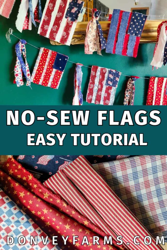 pinterest photo for bunting flag banner tutorial with the banner on the upper half and multiple fabrics on the lower half. 