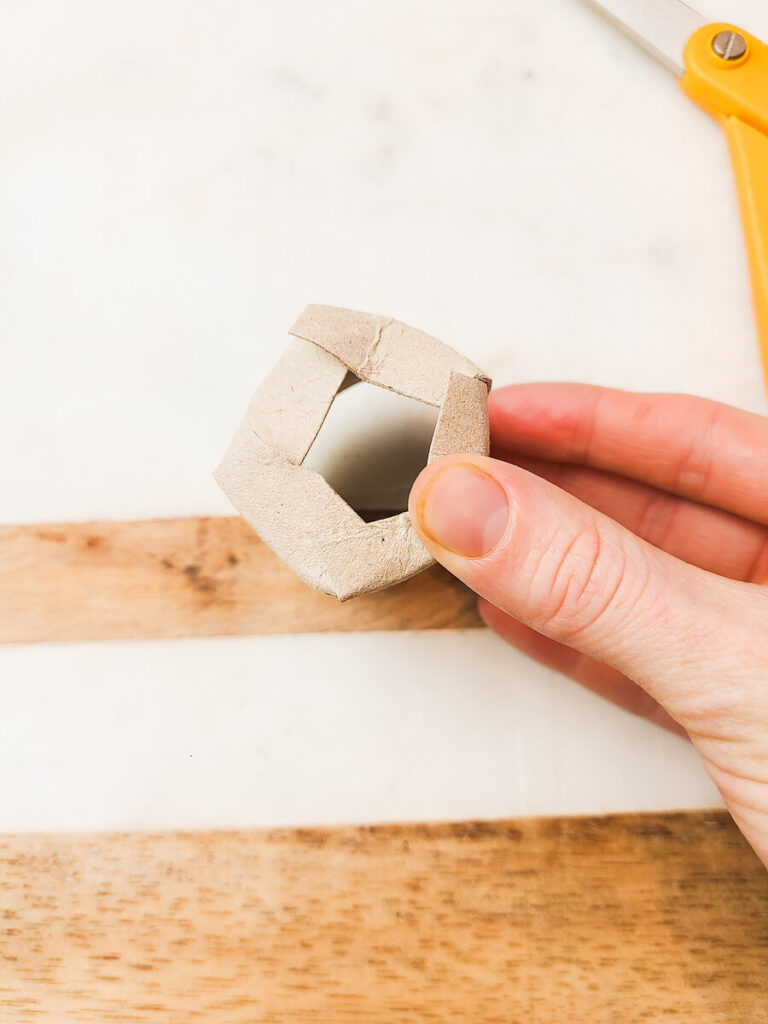 woman folding slits of toilet paper roll in to the tube 