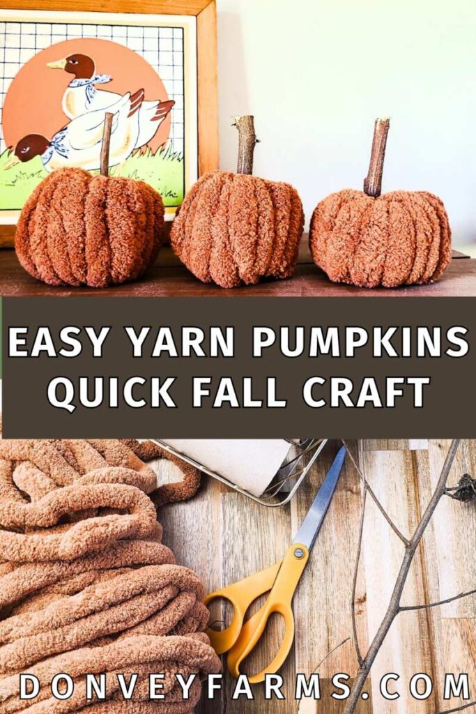 pinterest image of three orange yarn pumpkins sitting on a wooden shelf with a branch in the background. the captions reads "easy yarn pumpkins quick fall craft"