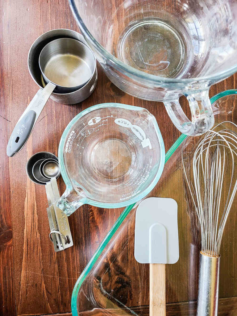equipment to make German pancake out on kitchen table. 