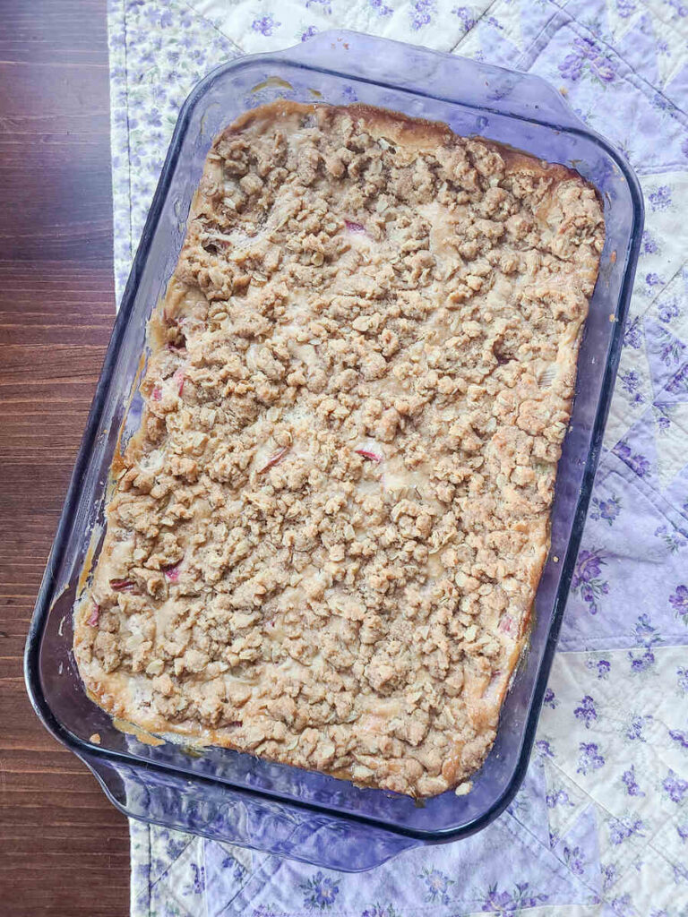 fully baked rhubarb cream cheese bars cooling on kitchen table 