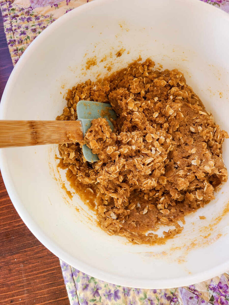 crust mixture completely combined in pea sized crumbled for crust and topping 