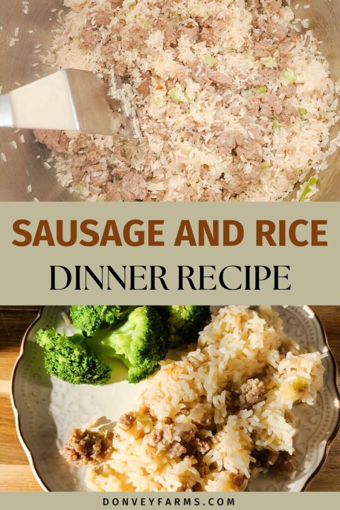 pinterest image forSimple Sausage Rice Dinner Instant Pot and Stovetop Recipe. white tablecloth with cream scalloped dinner plate full of sausage rice with broccoli on the side.