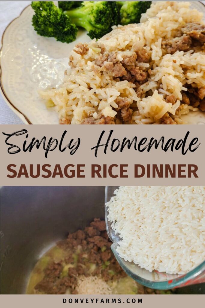 pinterest image for Simple Sausage Rice Dinner Instant Pot and Stovetop Recipe. white tablecloth with cream scalloped dinner plate full of sausage rice with broccoli on the side.