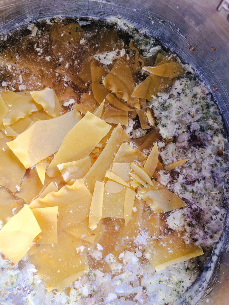 woman adding chopped noodles to tomato sauce to pot with herbs, garlic powder, and salt to instant pot with broth, ground beef, and onions 