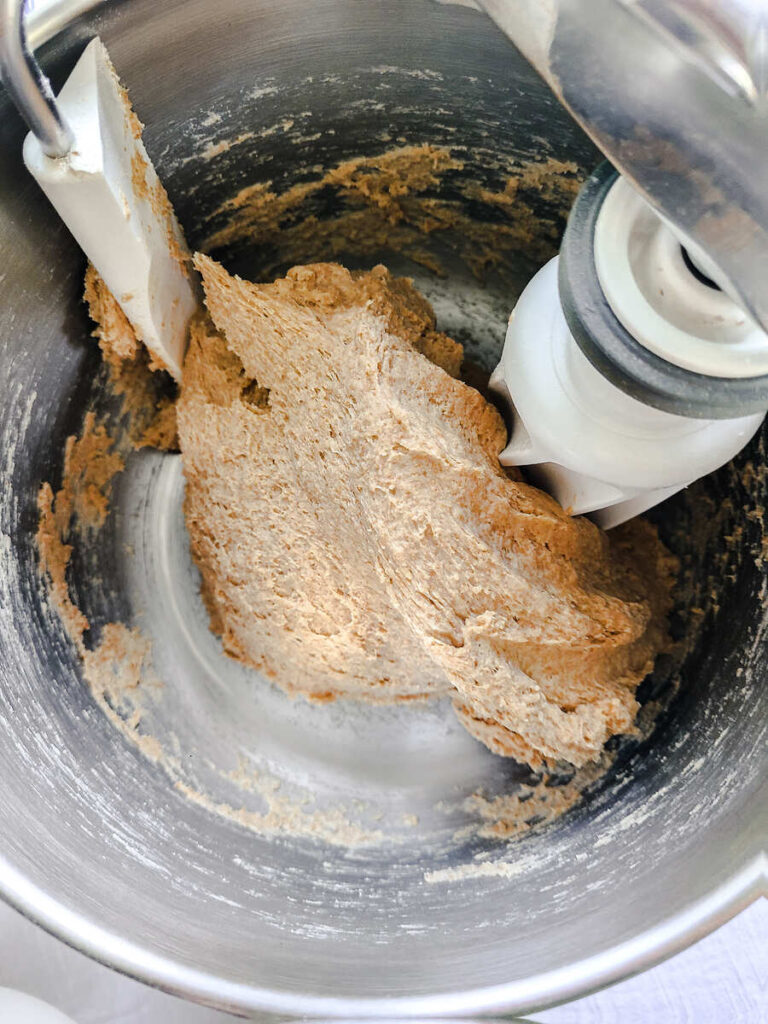 shaggy dough formed in standing mixer bowl 