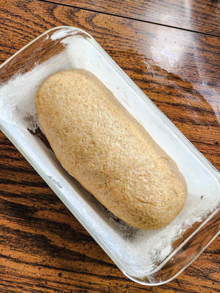 loaf of bread dough in glass bread pan on wood table waiting to rise. 